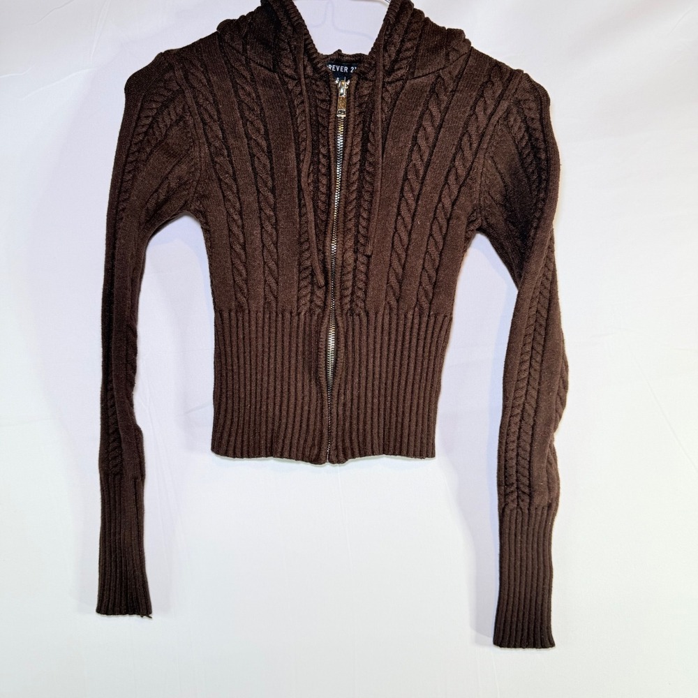 Forever 21 Girls Brown Cable Knit Zip Up Hoodie Cropped Sweater Small